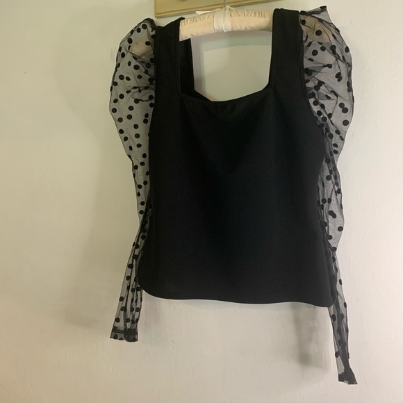 Shein Black Top Embellished Sweater Sheer Polka Dot Puff Long Sleeve Womens Sz L - Picture 12 of 16